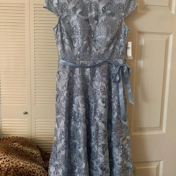 Alex Evening Women A-line Stretch Embroidered Dress with Tie Belt. - Picture 5 of 7